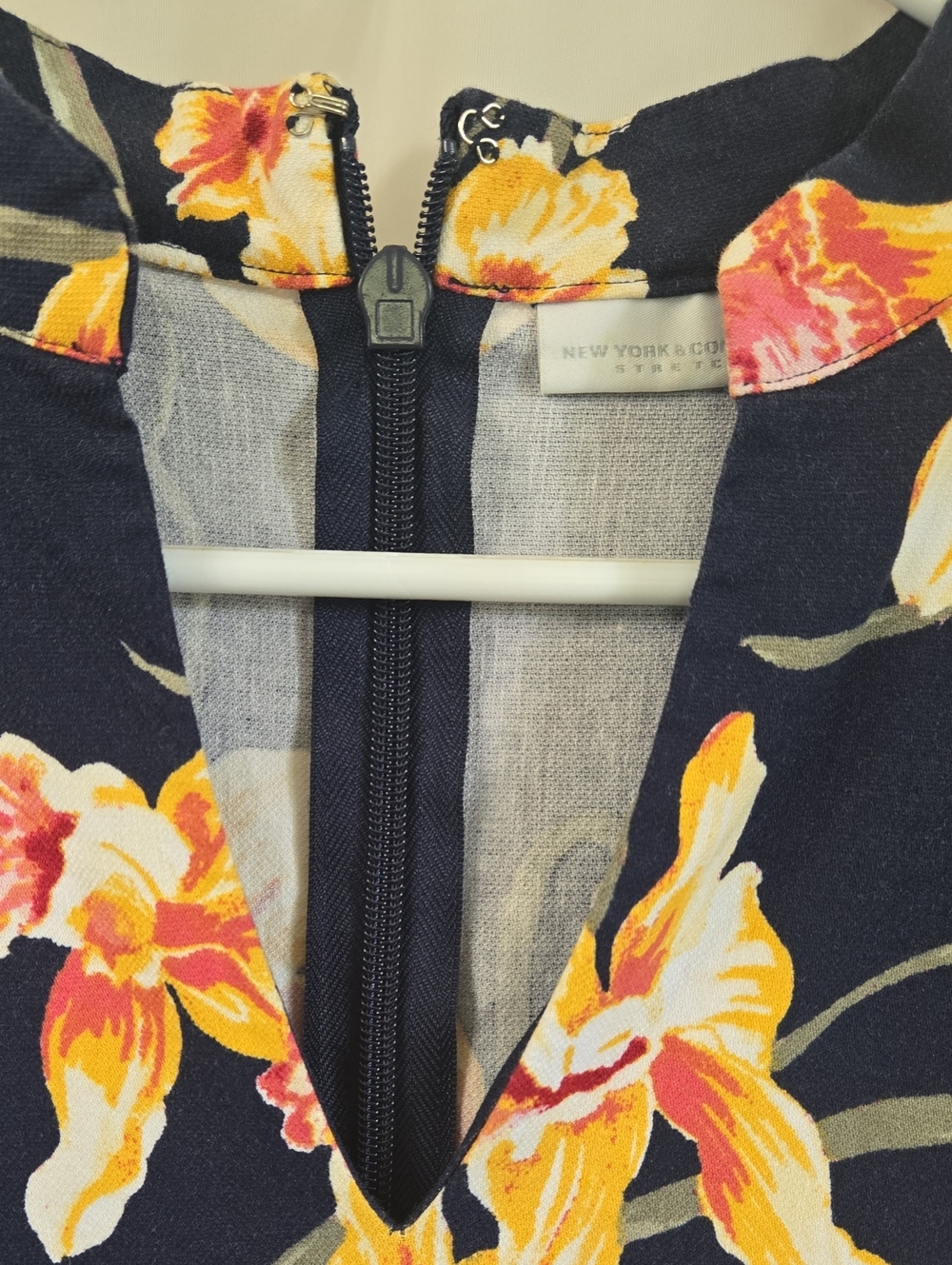 New York & Company Navy Floral V-Neck Midi Dress with Yellow & Coral Blooms